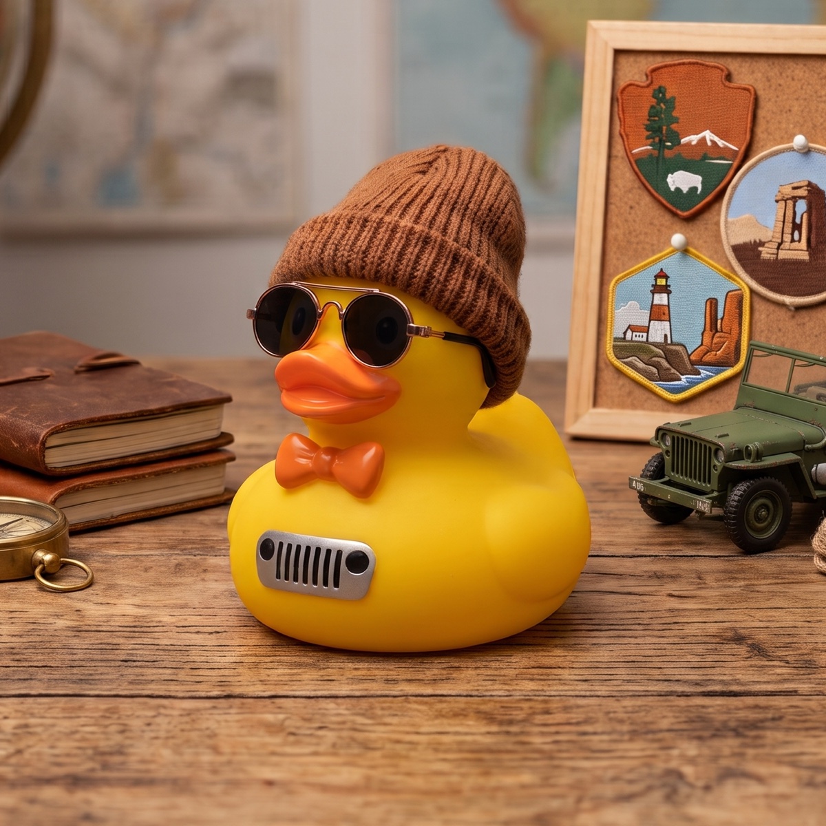 A DashDuckies rubber duck in a beanie and sunglasses on a desk with a globe, world map, compass and national-park travel patches