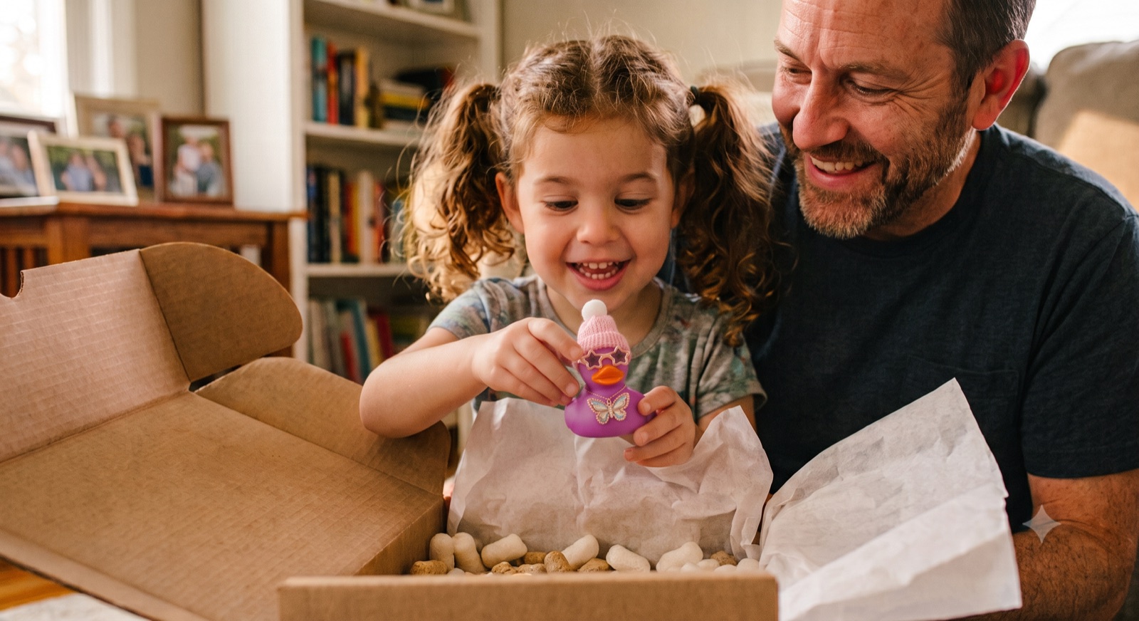 A delighted young girl and her dad unboxing a DashDuckies subscription box, lifting out a purple rubber duck